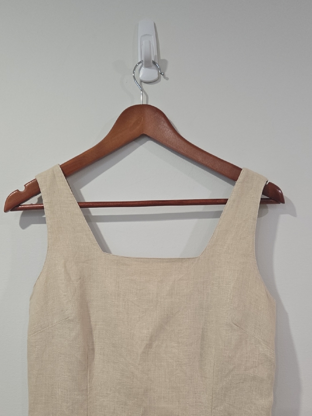 Retro 90's Beige Linen Square-Neck Ralphcore Normcore Midi Dress - Picture 2 of 10